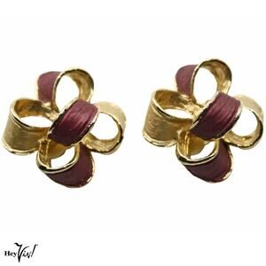 Vintage Gold Tone Burgundy Enamel Bow Clip-On Earrings 1.5" Statement - Hey Viv